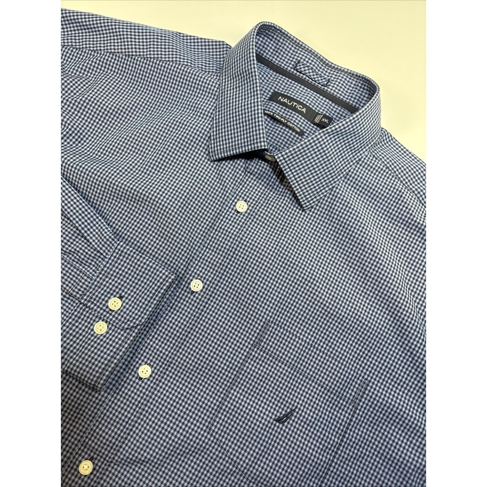 Nautica Button Down Shirt Mens 2XL All Cotton Wrinkle Resistant Blue Check Up